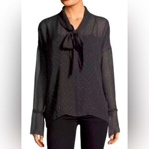 Theory Long Sleeve Sheer Scarf Tie Blouse | Metallic Black | Size Small